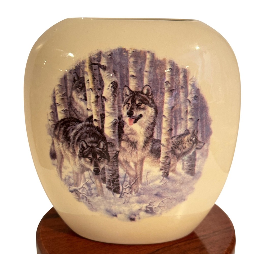 Vintage Wolf Vase Ceramic Wildlife Birch Forest Wolf Pack Art Pottery